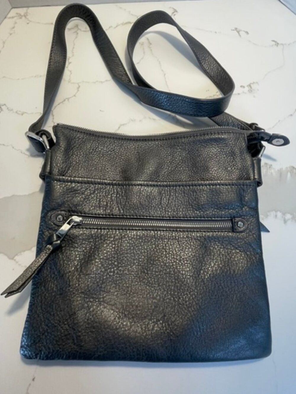 DANIER Metallic Leather Crossbody Messenger Bag in Rich Pewter